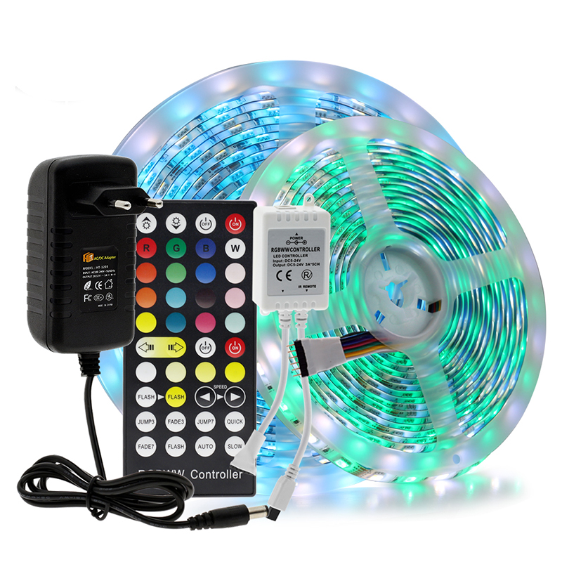 DC12V 16.4ft/5M 5050 RGBWW+CW LED Strip Light Kit,90LEDs/M, With 44key IR Remote Controller, Color Changing LED Light Strip